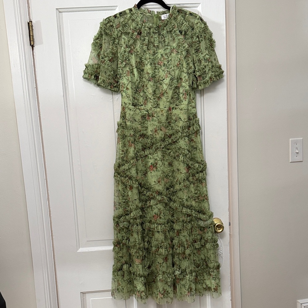 Mac Duggal Short Sleeve Mesh Green Floral Midi Dress